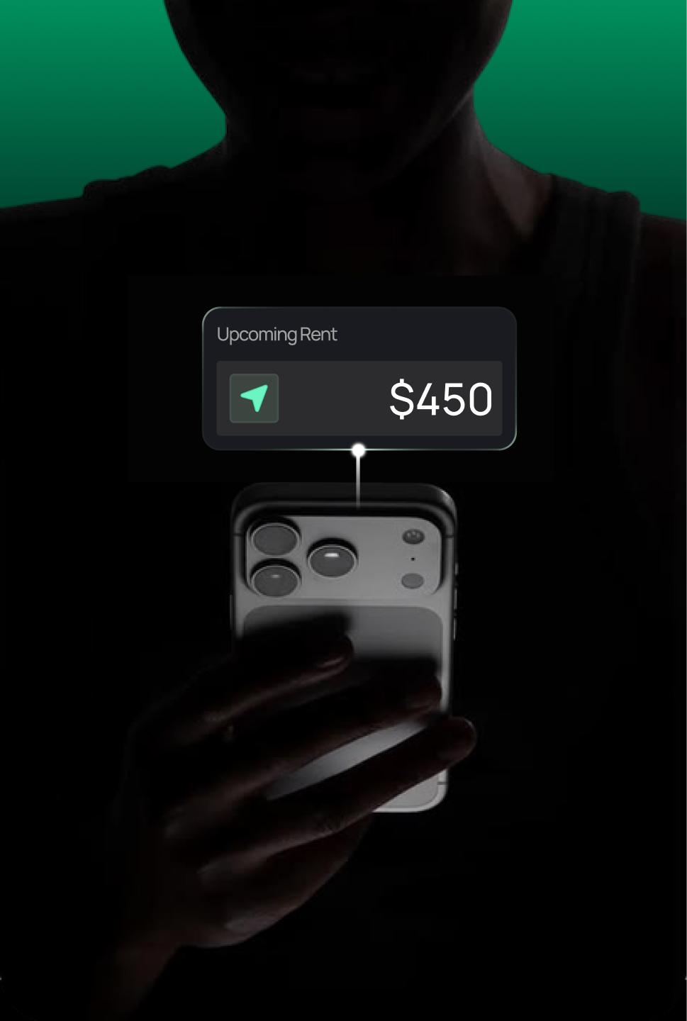 A renter holding a phone with an upcoming rent payment preview.