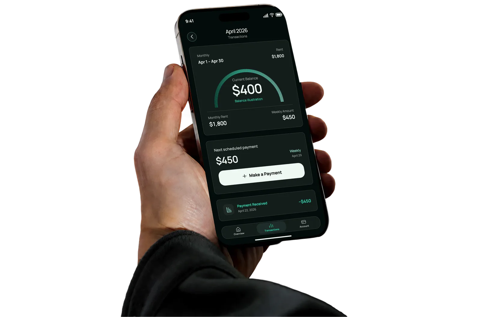A hand holding a phone showing a Spread rent balance and payments screen.